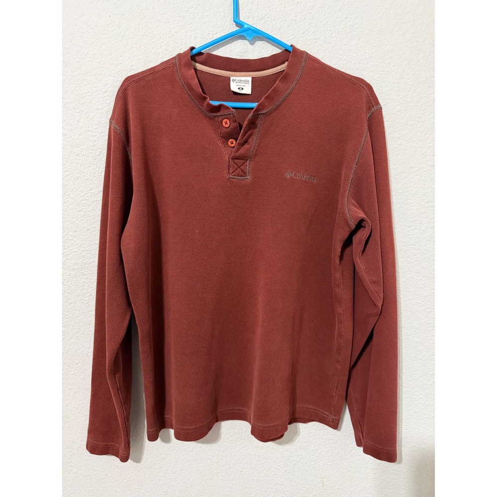 Columbia Mens Henley Shirt M Rust Red Waffle Knit Thermal Long Sleeve AM6349